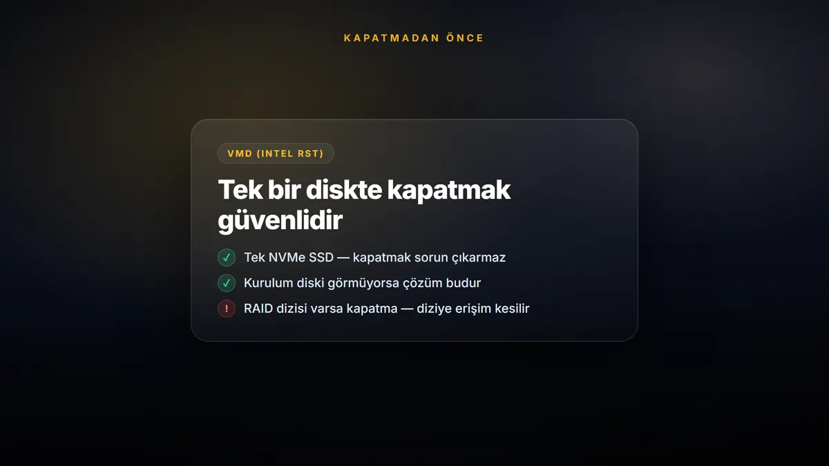 VMD Nedir, Kapatmak Zararlı mı? (Intel VMD ve Windows Kurulumu) — konuyu özetleyen görsel