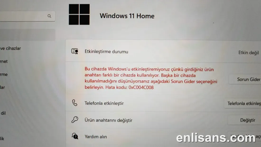 Anahtar girildikten sonra çıkabilen 0xC004C008 etkinleştirme hata ekranı