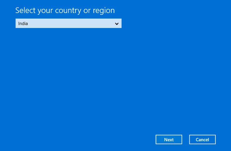 Windows etkinleştirme penceresinde ülke ve bölge seçim ekranı