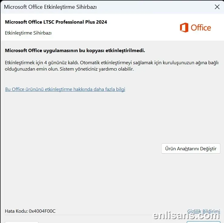 Office Aktivasyon Hatası 0x4004F00C Çözümü ekran görüntüsü — Enlisans