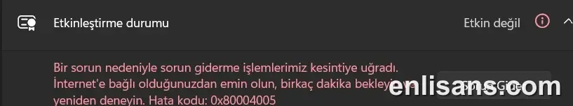 Office Aktivasyon Hatası 0x80004005: Belirsiz Lisans Hatası ekran görüntüsü — Enlisans