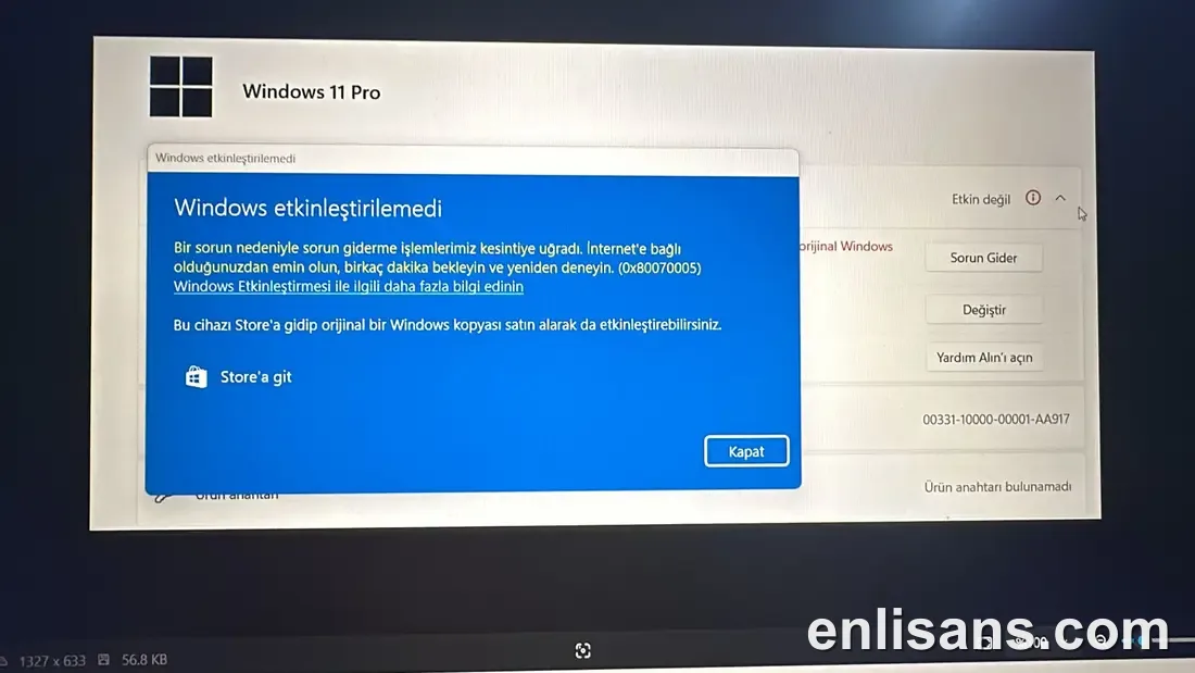 Windows Etkinleştirme Hatası 0x80070005 (Erişim Reddedildi) Çözümü ekran görüntüsü — Enlisans