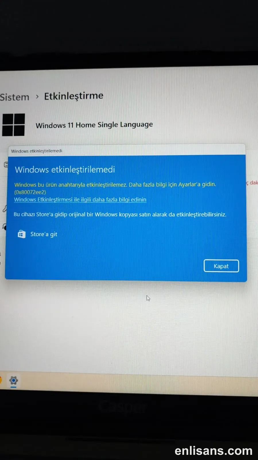 Windows Etkinleştirme Hatası 0x80072EE2 (Sunucuya Ulaşılamadı) Çözümü ekran görüntüsü — Enlisans