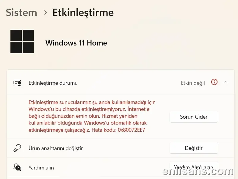 Windows Etkinleştirme Hatası 0x80072EE7 (Sunuculara Ulaşılamıyor) Çözümü ekran görüntüsü — Enlisans