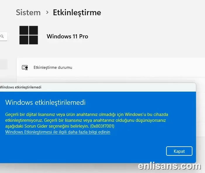 Windows Etkinleştirme Hatası 0x803F7001 (Geçerli Anahtar Bulunamadı) Çözümü ekran görüntüsü — Enlisans