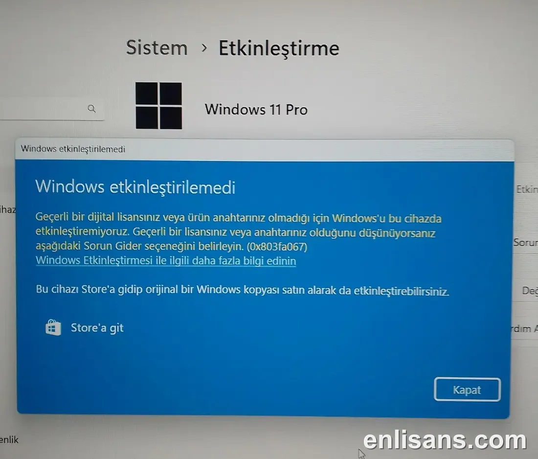 Windows Etkinleştirme Hatası 0x803FA067 ekran görüntüsü — Enlisans