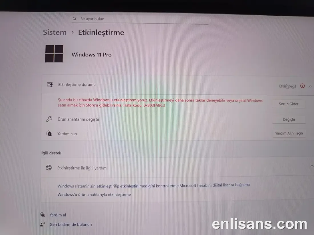 Windows Etkinleştirme Hatası 0x803FABC3 (Sunucu Doğrulaması Başarısız) Çözümü ekran görüntüsü — Enlisans