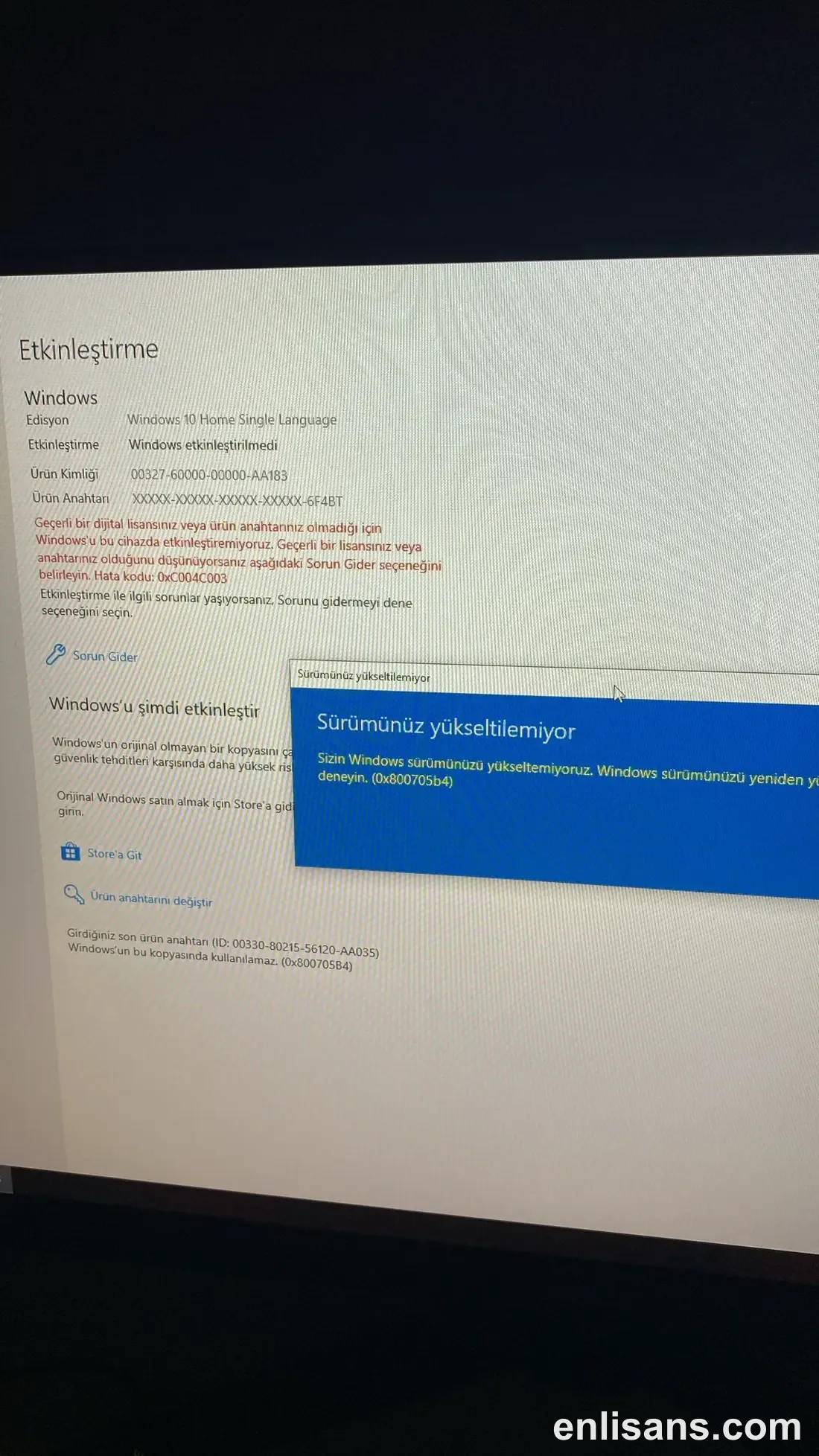 Windows Etkinleştirme Hatası 0xC004C003: Anahtar O An Kabul Edilmedi ekran görüntüsü — Enlisans