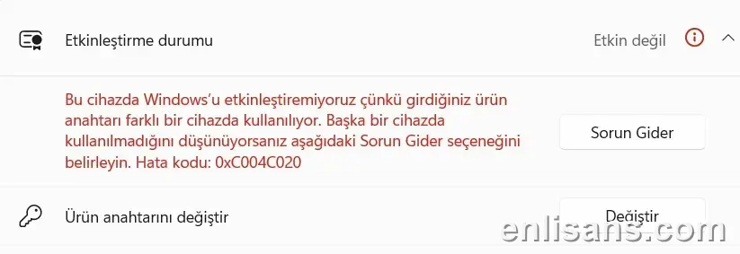 Office Aktivasyon Hatası 0xC004C020: Anahtar Limiti Doldu ekran görüntüsü — Enlisans