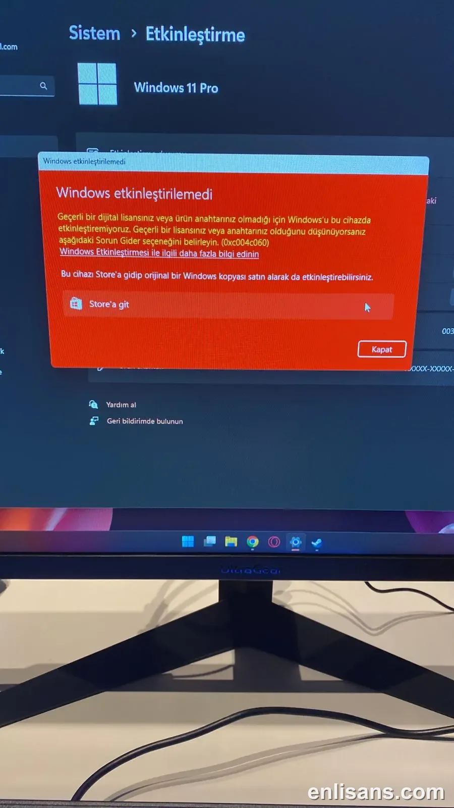 Windows Etkinleştirme Hatası 0xC004C060: Etkinleştirme O An Tamamlanamadı ekran görüntüsü — Enlisans