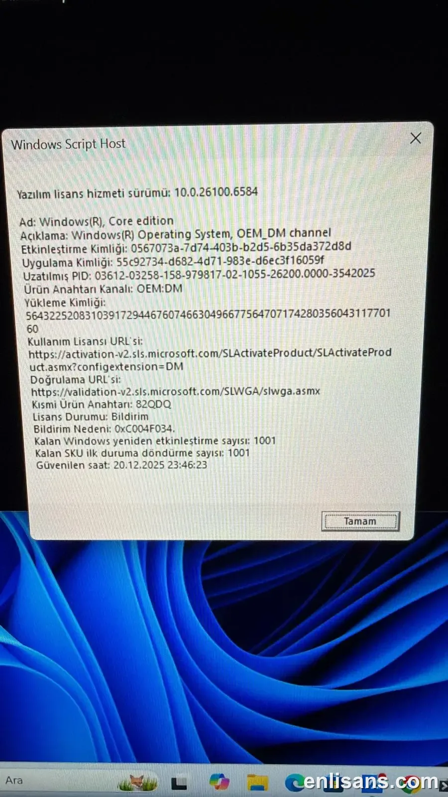 Windows Etkinleştirme Hatası 0xC004F034 (Lisans Bulunamadı / Geçersiz) Çözümü ekran görüntüsü — Enlisans