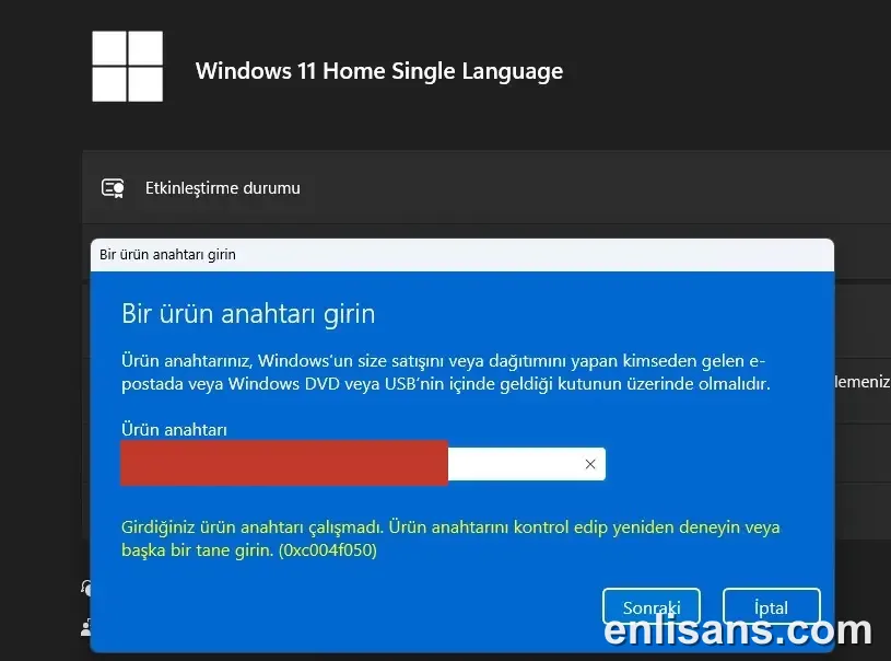 Office Aktivasyon Hatası 0xC004F050 (Anahtar Geçersiz) Çözümü ekran görüntüsü — Enlisans