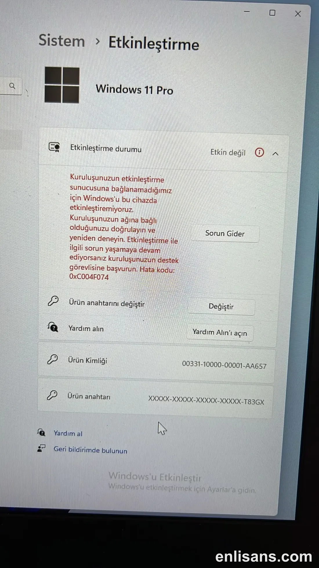 Office Aktivasyon Hatası 0xC004F074 Çözümü ekran görüntüsü — Enlisans