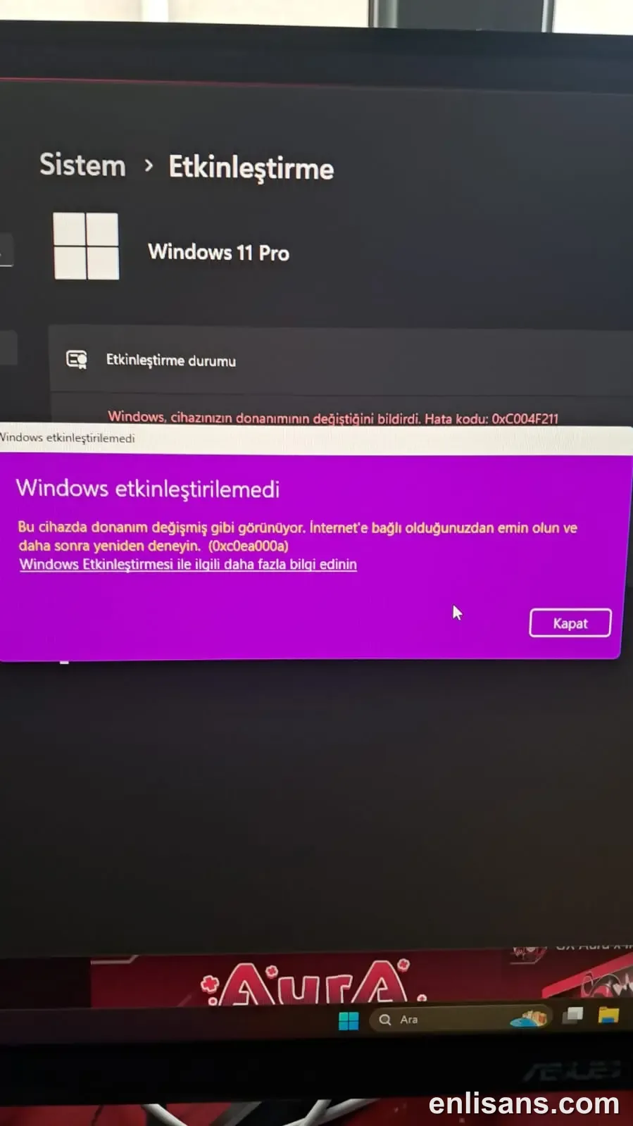 Windows 0xC004F211 Hatası: Edisyon ve Donanım Uyumsuzluğu ekran görüntüsü — Enlisans