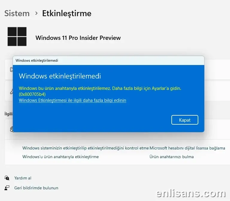 Windows Update Hatası 0x800705b4: Güncelleme Zaman Aşımına Uğradı ekran görüntüsü — Enlisans