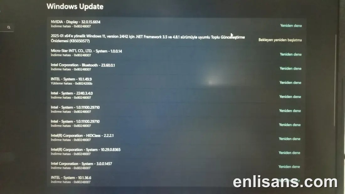 Windows Update Hatası 0x80248007: Güncelleme Lisans Koşulları Bulunamadı ekran görüntüsü — Enlisans