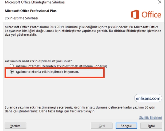 Office Etkinleştirme Sihirbazında "Yazılımı telefonla etkinleştirmek istiyorum" seçeneği işaretli