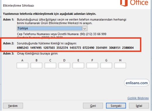 Office etkinleştirme penceresinde Yükleme Kimliğinin rakam grupları